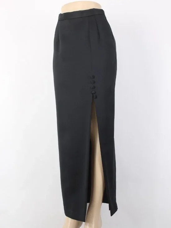 Alex Evenings Skirt Sz 6 Black Satin Leg Slit Lined Polyester Acetate Skirt - Picture 2 of 9